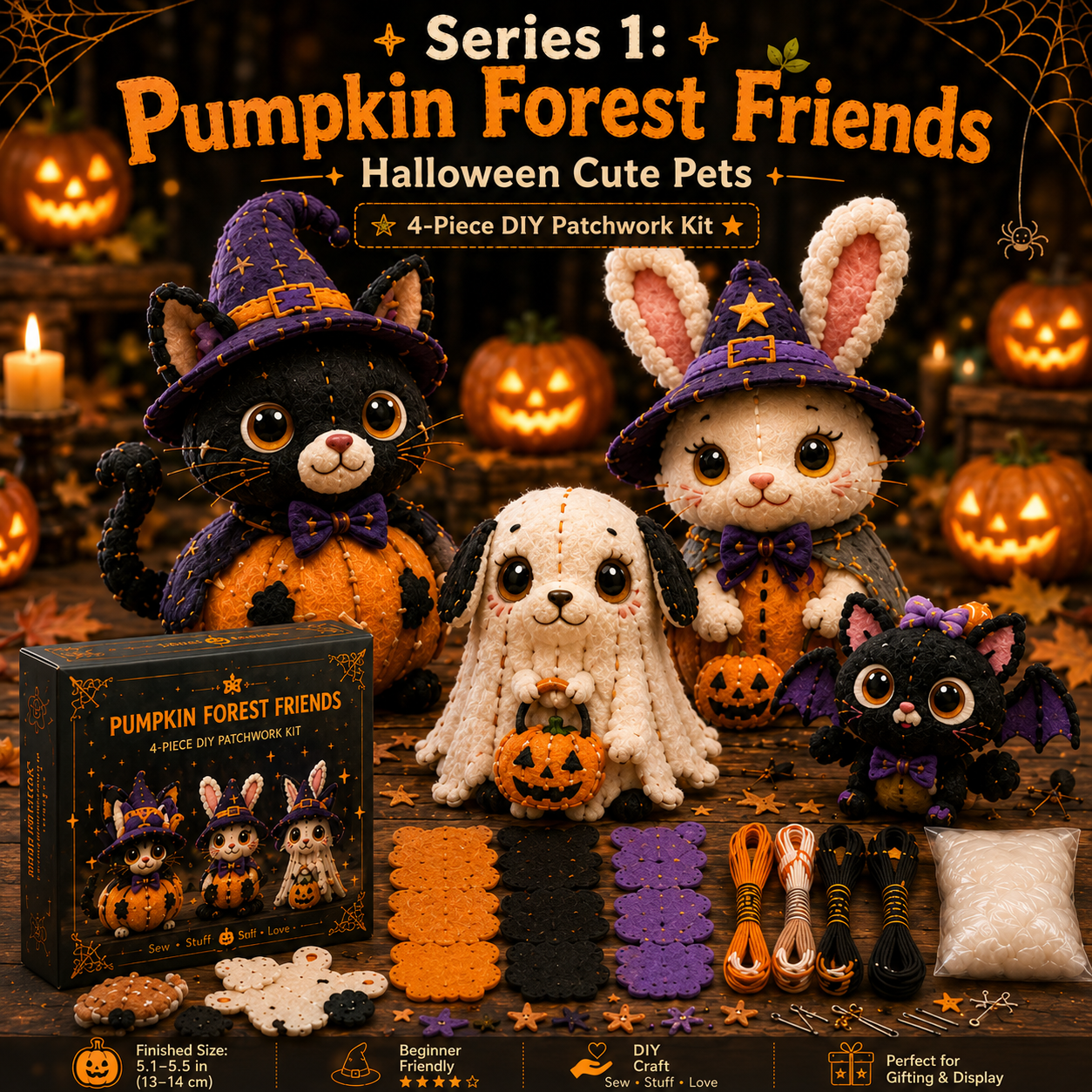 🎁BUY 3 GET 1 FREE🧵Halloween Friends 4 Piece DIY Patchwork Kit Collection 🎃🧵