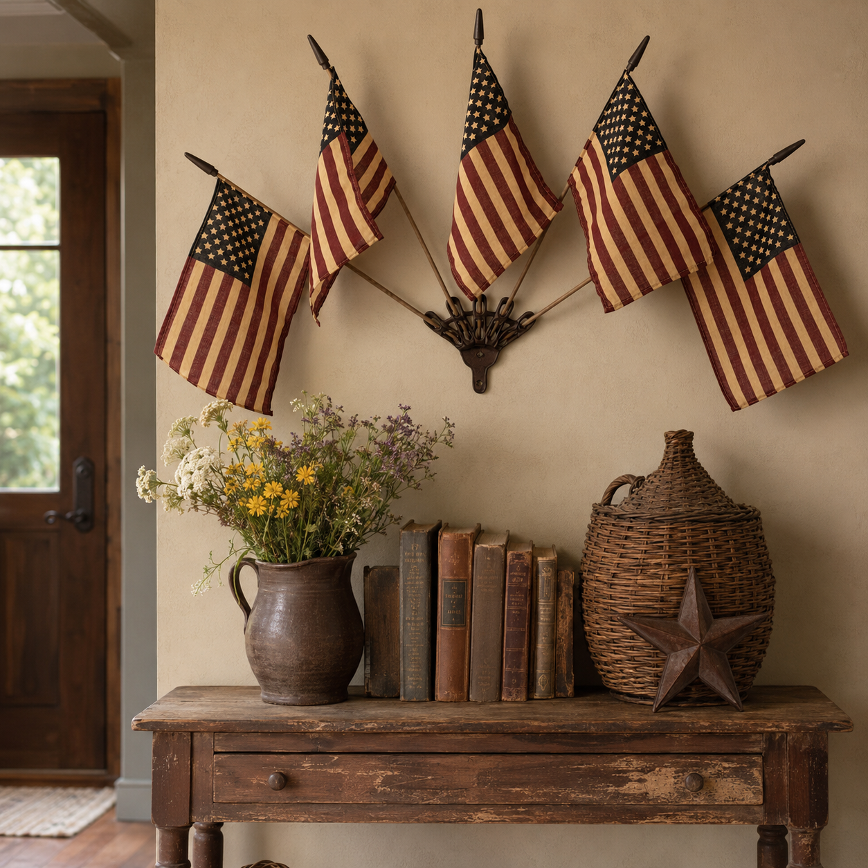 🔥Last Day Promo: 49% OFF - Five Tea-Stained Flags In A Rustic Cast Iron Wall Display