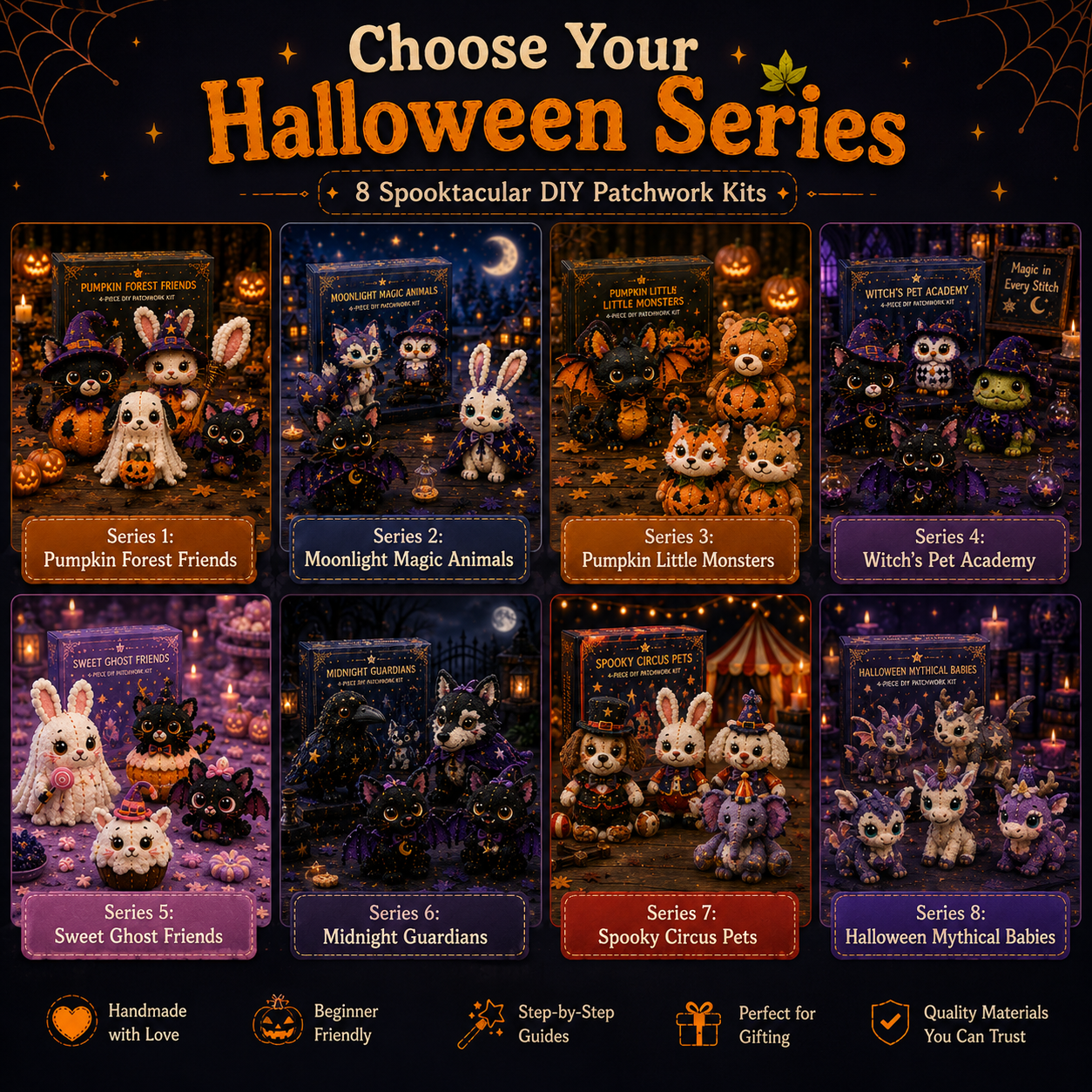 🎁BUY 3 GET 1 FREE🧵Halloween Friends 4 Piece DIY Patchwork Kit Collection 🎃🧵