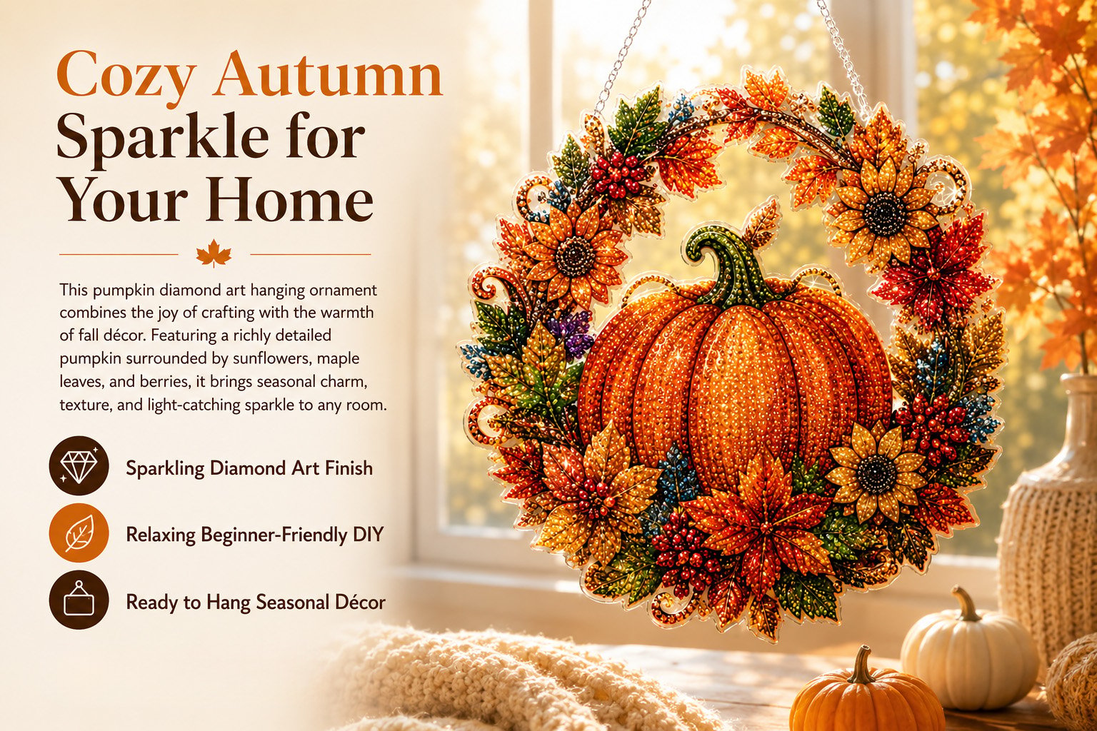 🔥Last Day 49% OFF🔥 - 🍂✨Autumn Harvest Pumpkin Diamond Art Hanging Ornament Kit