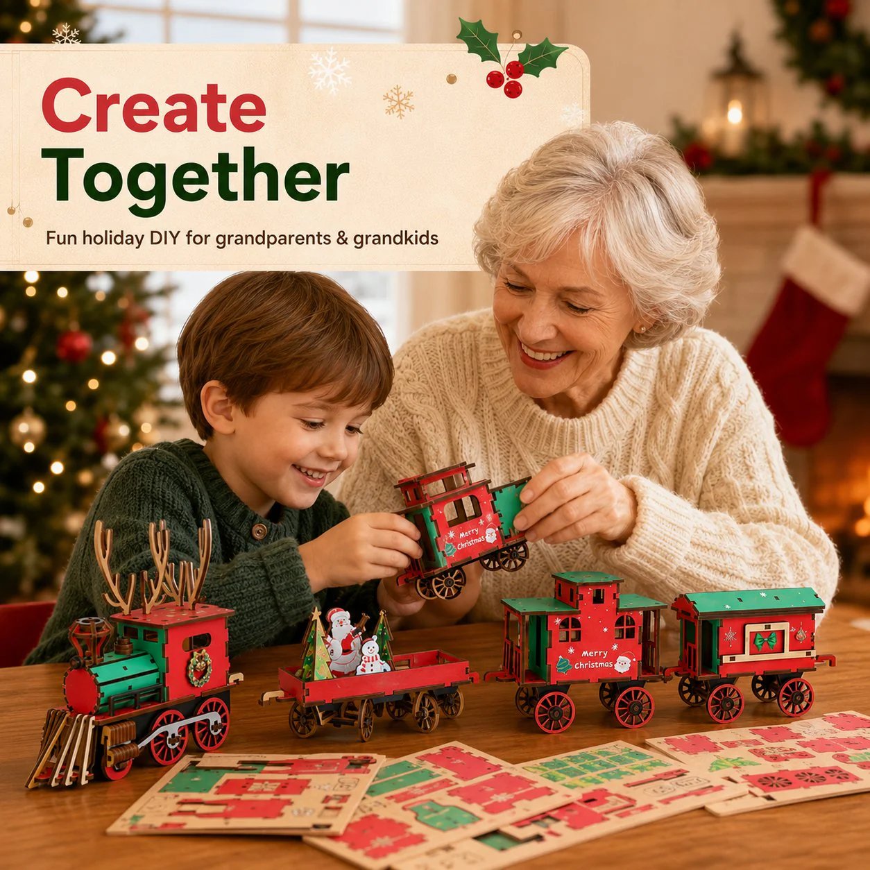 🚂LAST DAY 50% OFF❄️DIY Christmas Wooden Train Set 3D Assembly Puzzle Kit