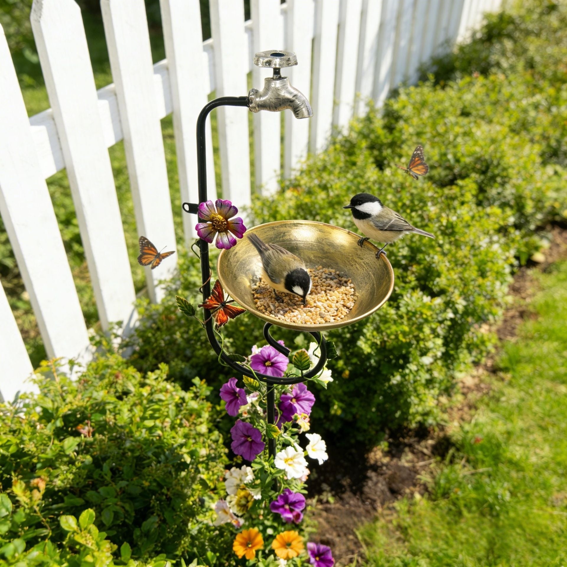Vintage Faucet Garden Bird Bath Feeder Stake – Decorative Outdoor Bird Feeder with Water Bowl & Butterfly Accents