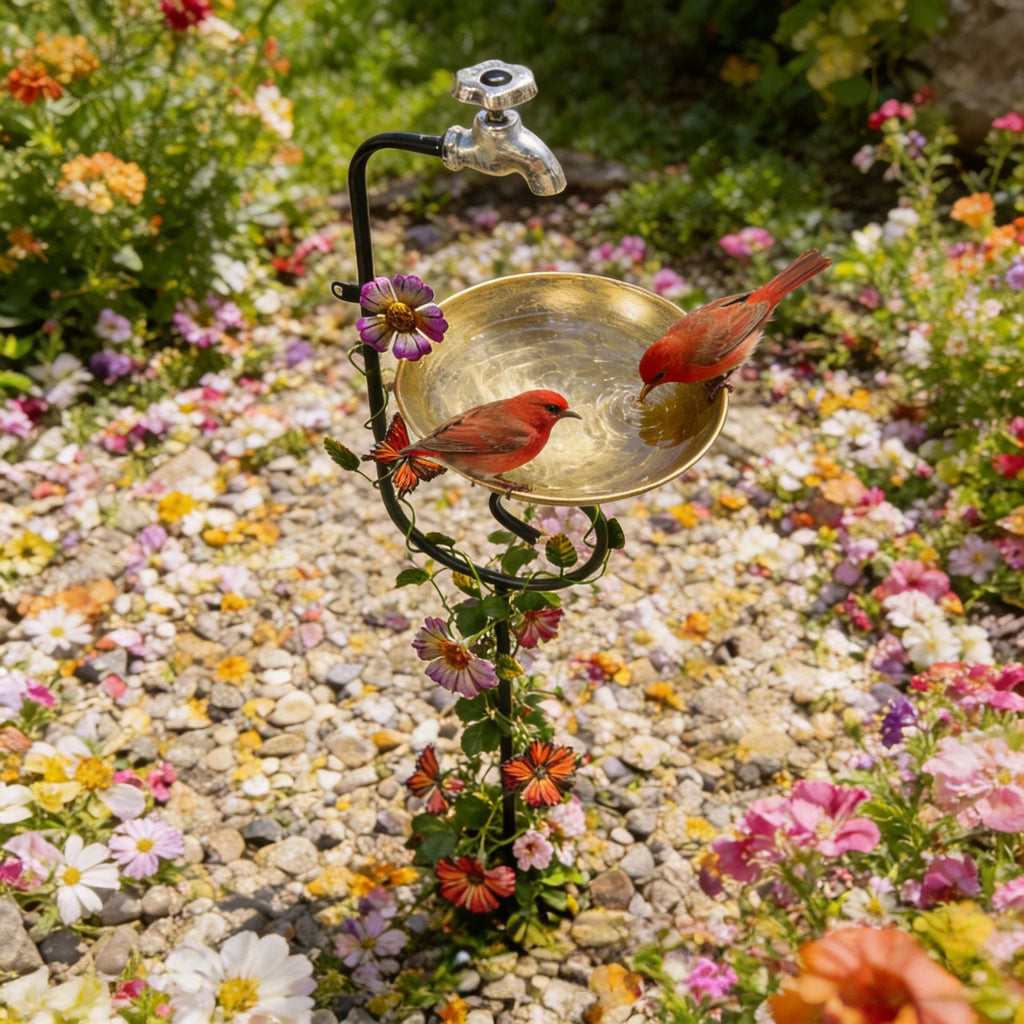 Vintage Faucet Garden Bird Bath Feeder Stake – Decorative Outdoor Bird Feeder with Water Bowl & Butterfly Accents