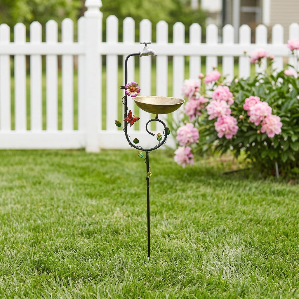 Vintage Faucet Garden Bird Bath Feeder Stake – Decorative Outdoor Bird Feeder with Water Bowl & Butterfly Accents