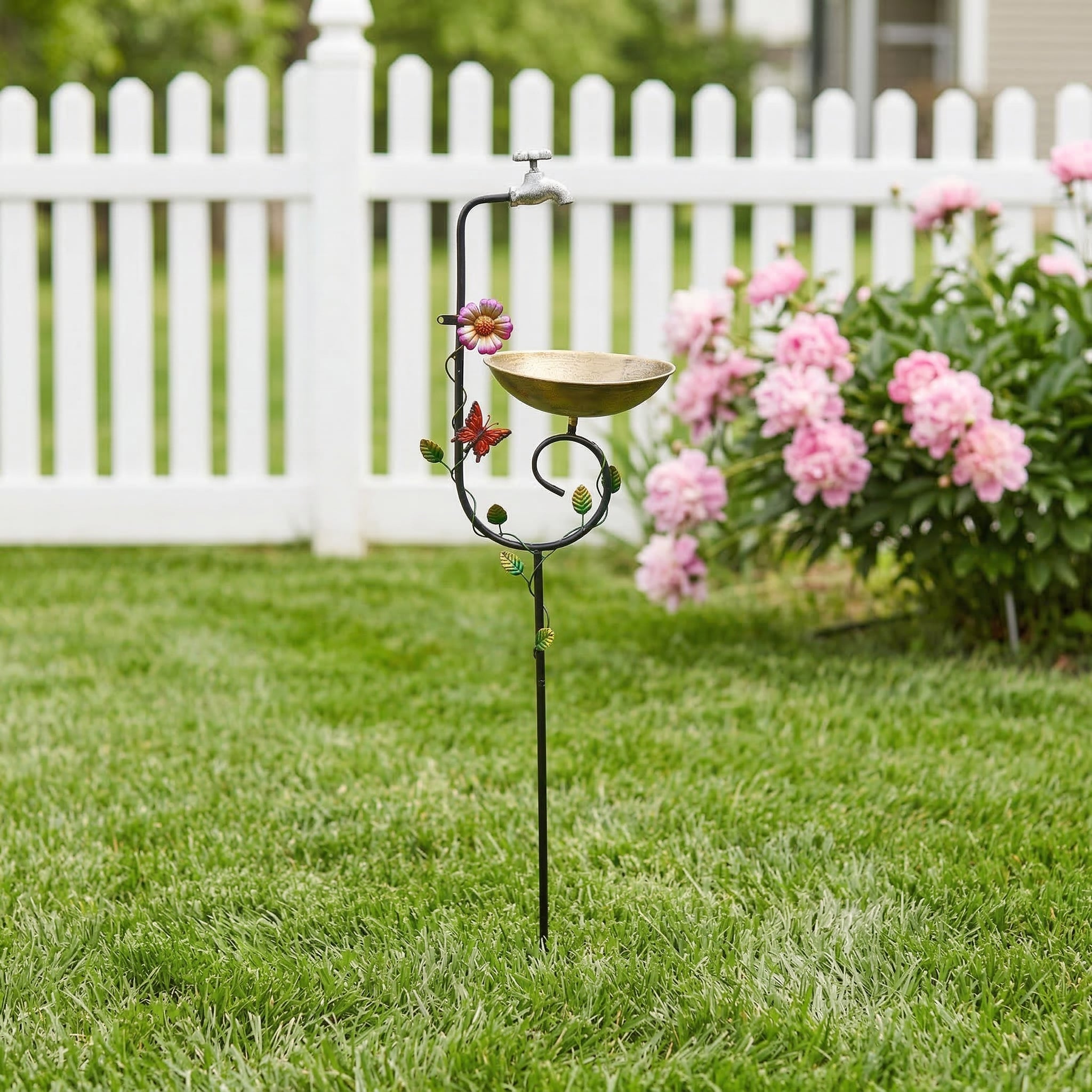 Vintage Faucet Garden Bird Bath Feeder Stake – Decorative Outdoor Bird Feeder with Water Bowl & Butterfly Accents