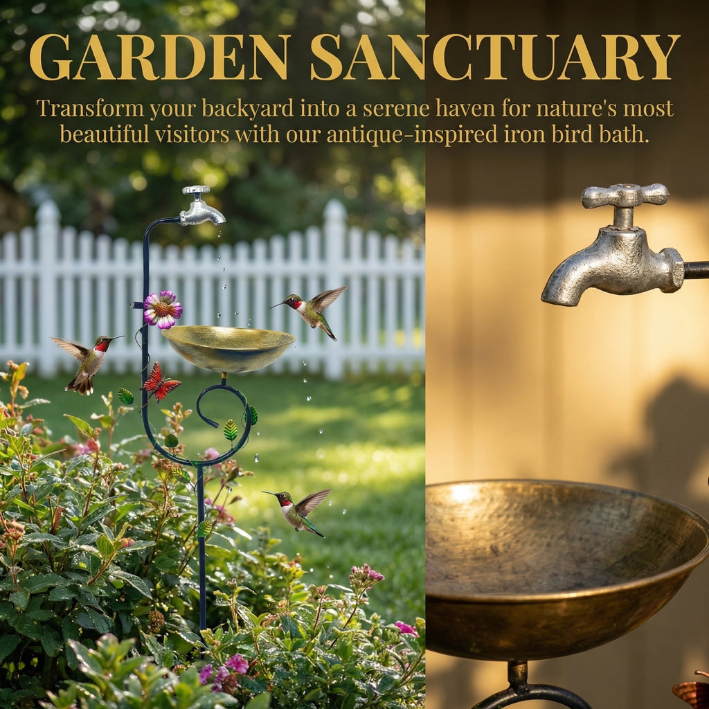 Vintage Faucet Garden Bird Bath Feeder Stake – Decorative Outdoor Bird Feeder with Water Bowl & Butterfly Accents