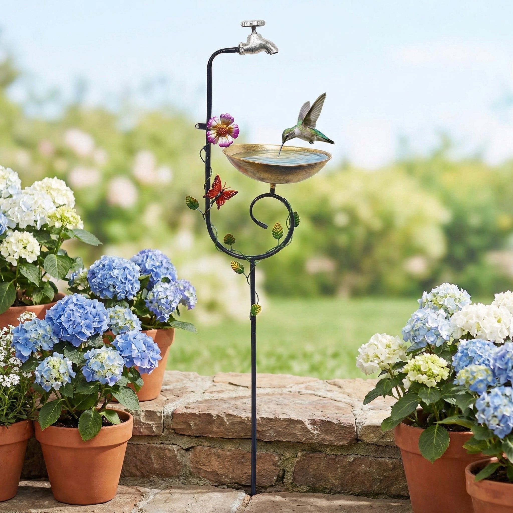Vintage Faucet Garden Bird Bath Feeder Stake – Decorative Outdoor Bird Feeder with Water Bowl & Butterfly Accents