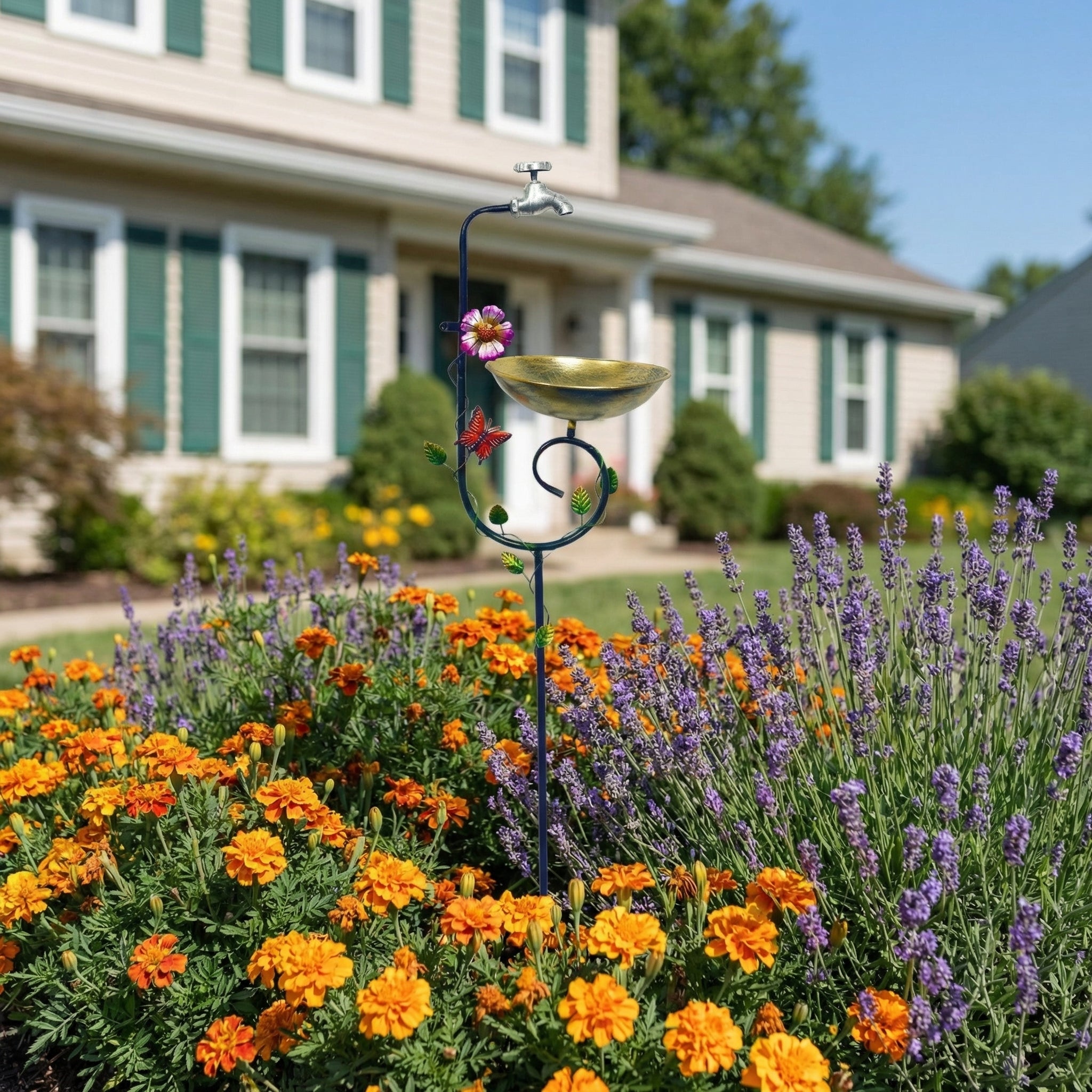 Vintage Faucet Garden Bird Bath Feeder Stake – Decorative Outdoor Bird Feeder with Water Bowl & Butterfly Accents