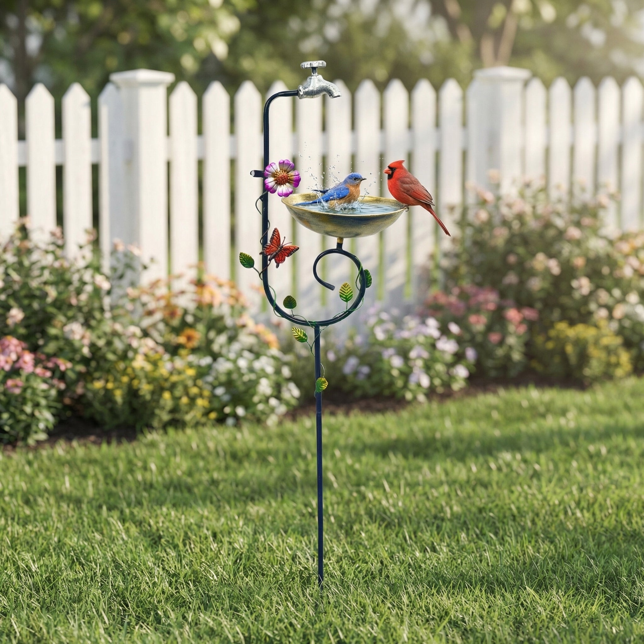 Vintage Faucet Garden Bird Bath Feeder Stake – Decorative Outdoor Bird Feeder with Water Bowl & Butterfly Accents