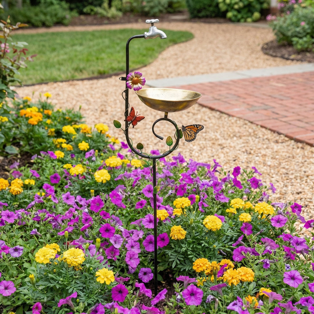Vintage Faucet Garden Bird Bath Feeder Stake – Decorative Outdoor Bird Feeder with Water Bowl & Butterfly Accents