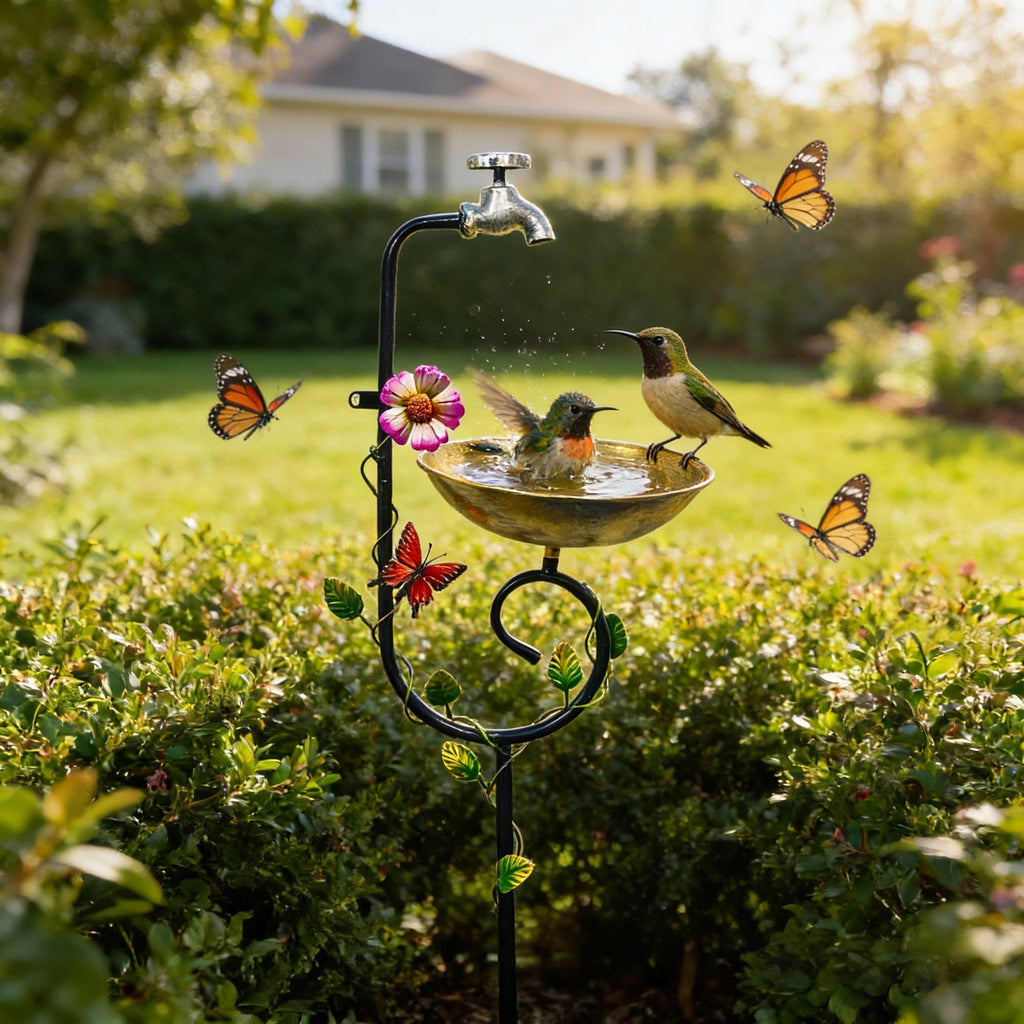Vintage Faucet Garden Bird Bath Feeder Stake – Decorative Outdoor Bird Feeder with Water Bowl & Butterfly Accents