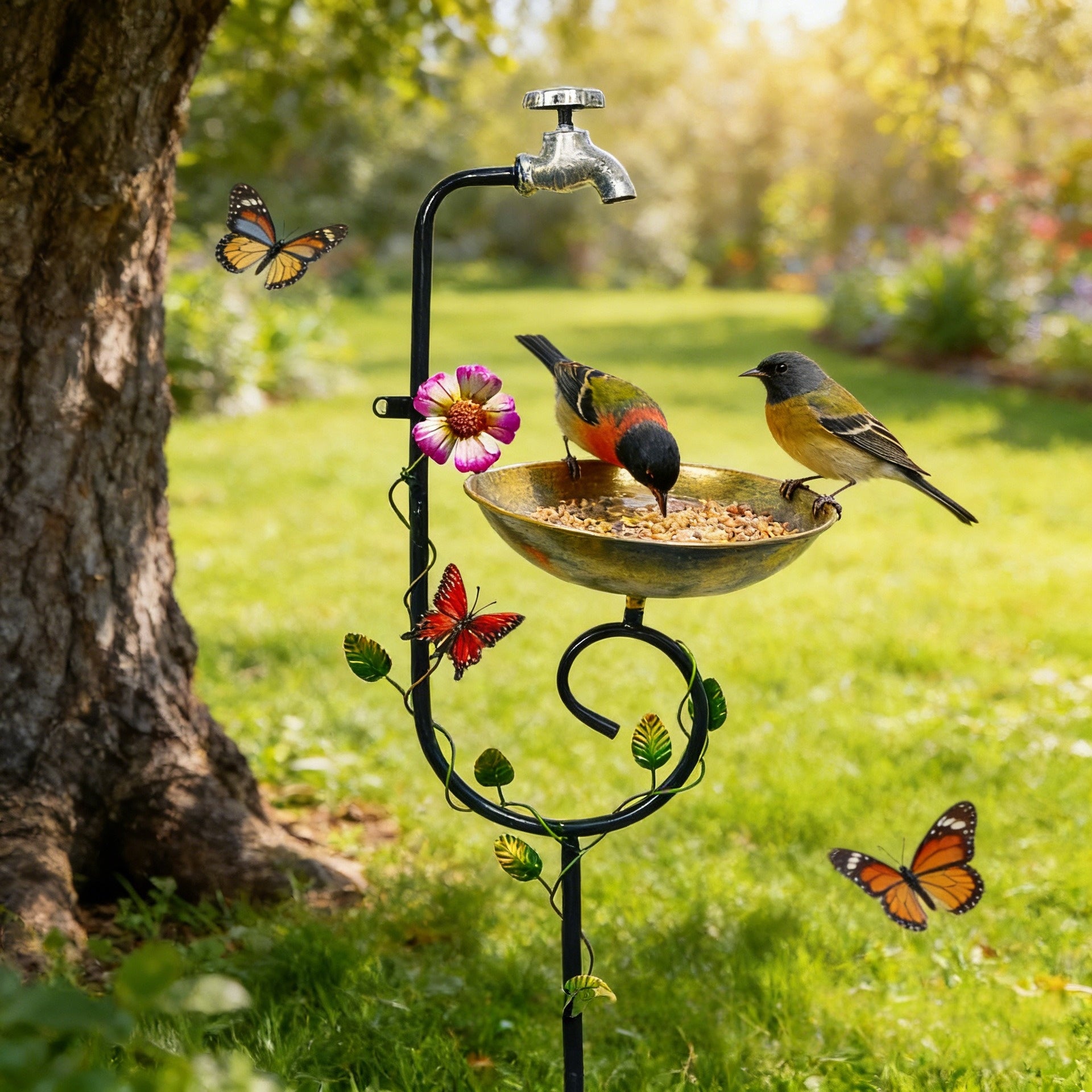 Vintage Faucet Garden Bird Bath Feeder Stake – Decorative Outdoor Bird Feeder with Water Bowl & Butterfly Accents